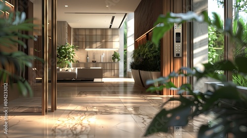 A luxury home entrance with a smart lock system and a touchpad entry photo