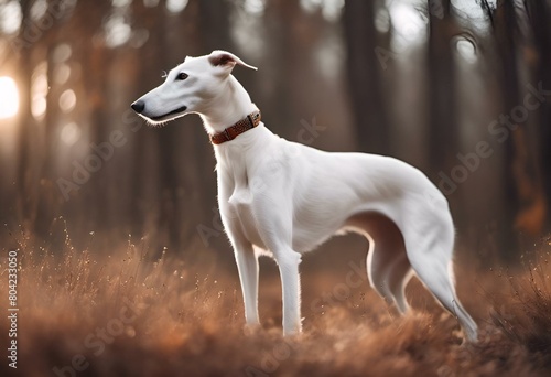 AI generated illustration of a white Greyhound dog standing in a grassy field at sunset