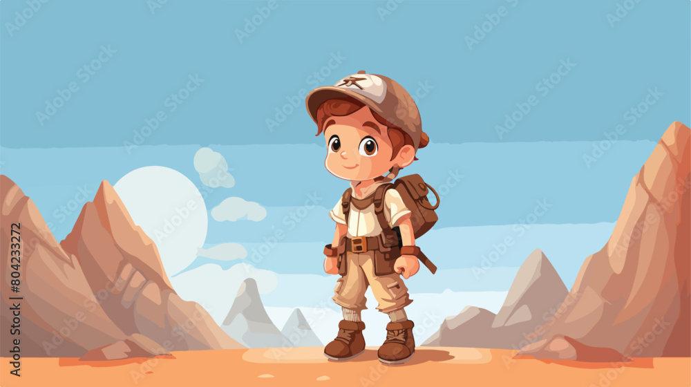 Cute little adventurer on color background Vector illustration