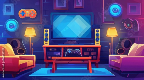 Gameroom furniture and equipment - a TV with console and joystick, a sofa and cabinet, posters, and wall decor for esports players. photo