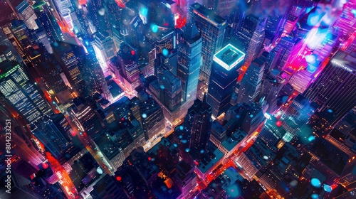 A cityscape with neon lights and a large square in the middle