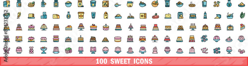 100 sweet icons set. Color line set of sweet vector icons thin line color flat on white