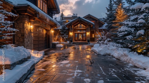 A luxury home entrance with a heated driveway and a snow-melt system
