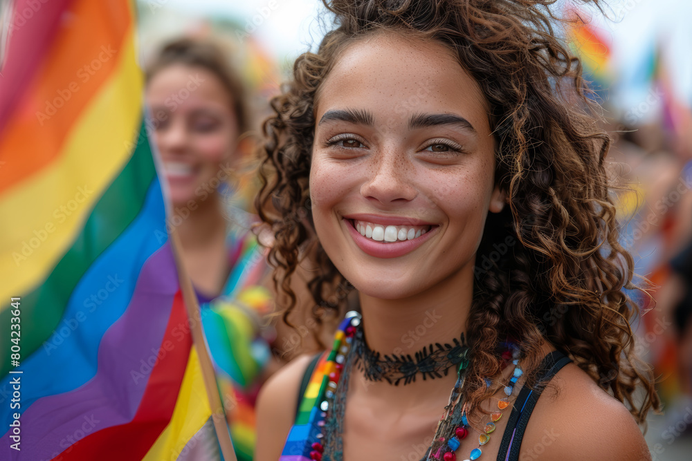 Joyful expressions on faces of an LGBT group of different ages and ethnic origins, holding rainbow flags at Pride, with a vibrant blurred parade backdrop.. AI generated. Joyful expressions on faces of an LGBT group of different ages and ethnic origins, holding rainbow flags at Pride, with a vibrant blurred parade backdrop.. AI generated.
