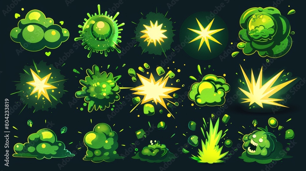 An explosion animation sheet with green sprites isolated on black ...