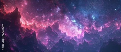Stunning cosmic landscape with vibrant pink and blue nebula over mountain-like peaks, ideal for sci-fi and fantasy themes