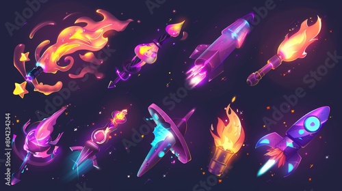 VFX magic spell missile arrow trail. Rocket or star blast glow. Green weapon plasma tail and fire energy shine set. 3d spaceship steam and sparkle motion. photo