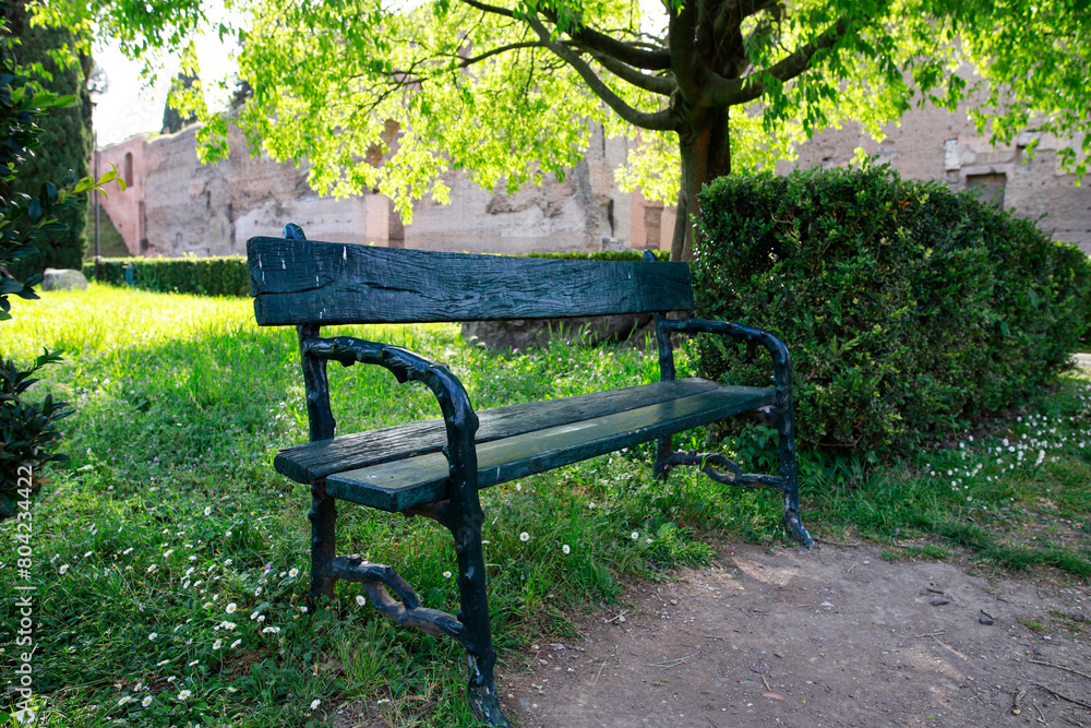 Green wooden bench, green lawn and big tree, Roman ruins in the background. Green wooden bench, green lawn and big tree, Roman ruins in the background.