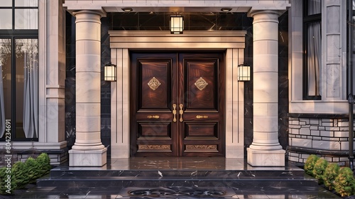 A luxury home entrance with a handcrafted wooden door and artisan hardware