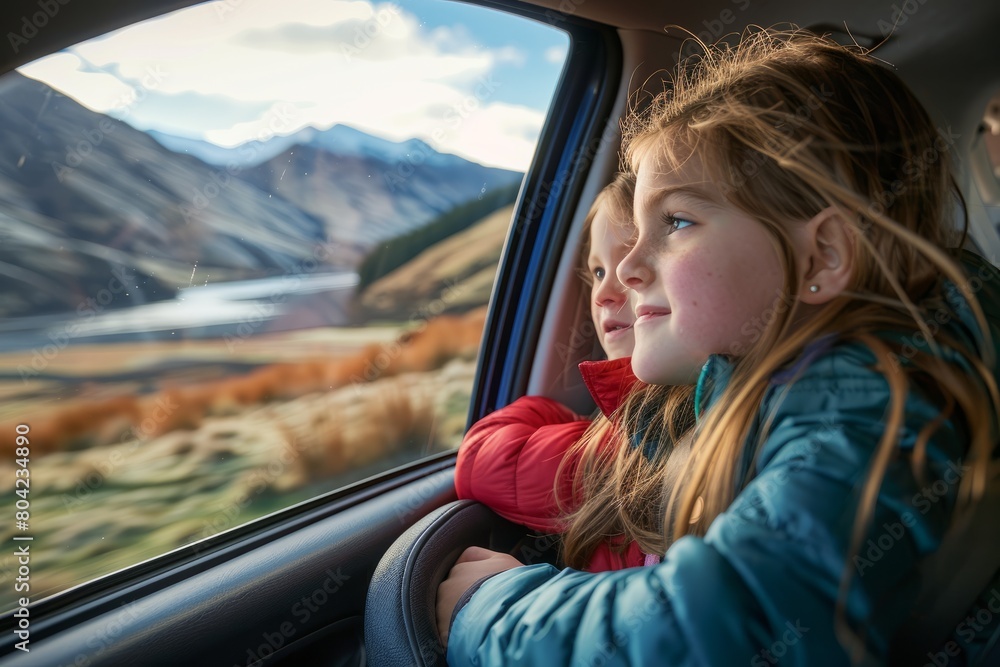 Two young girls seated in a car, gazing out the window in wonder and excitement