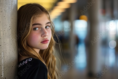 A candid shot of a young girl standing against a wall in a busy airport hallway, appearing lost in thought while gazing out of UGia