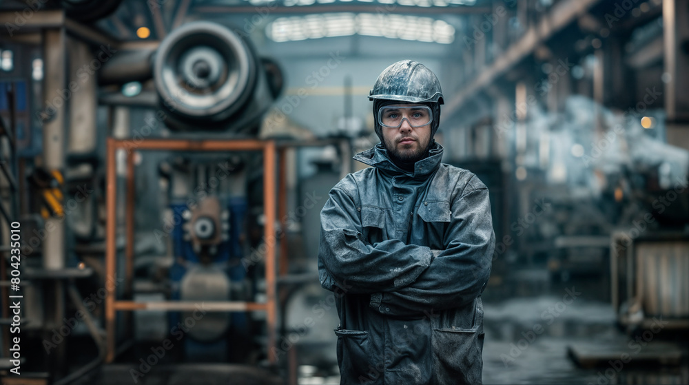 Close-up portrait of a male mechanic. A man with brutal, expressive facial features. Hard work in a metallurgical plant Close-up portrait of a male mechanic. A man with brutal, expressive facial features. Hard work in a metallurgical plant