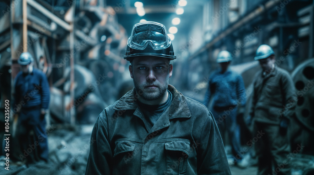 Portrait of a male worker with helmet. A man with brutal, expressive facial features. Hard work in a metallurgical plant Portrait of a male worker with helmet. A man with brutal, expressive facial features. Hard work in a metallurgical plant