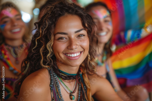 A group of diverse friends taking a selfie at Pride, with blurred colorful Pride flags in the background. AI generated.