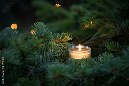 A closeup photo capturing a lit candle nestled among pine branches  emitting a warm glow