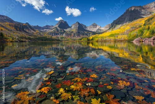 A lake surrounded by mountains with leaves floating on the crystal-clear water surface