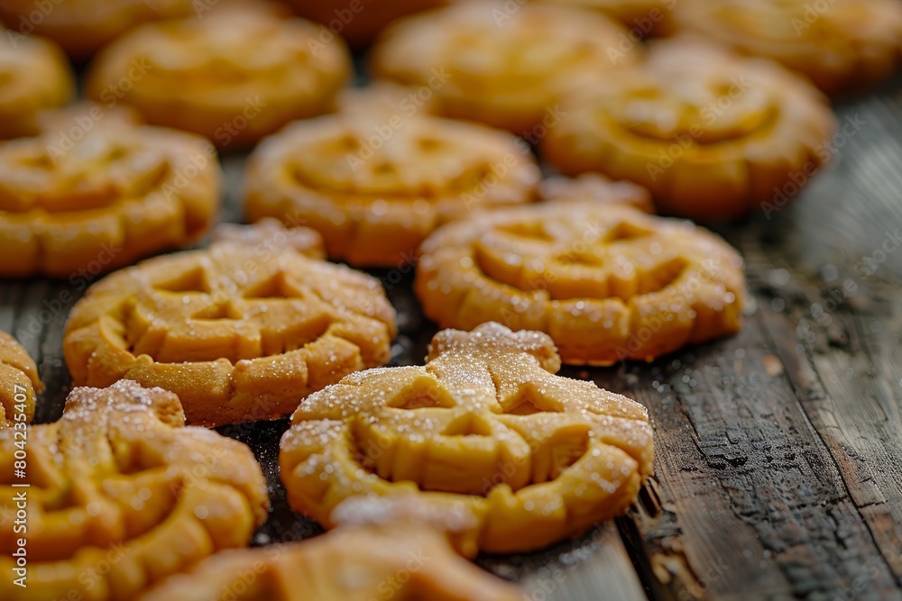 A closeup of freshly baked pumpkin-shaped cookies arranged on a rustic wooden table, showcasing their golden-brown color and delicious appearance