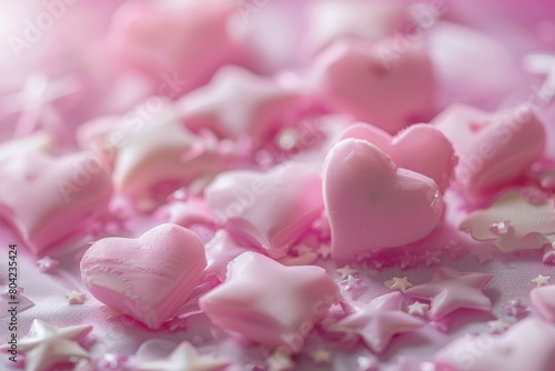 Pink and white stars and confetti close-up shot against a pastel background  creating a dreamy and whimsical scene