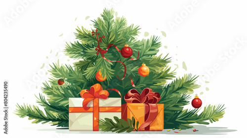 Christmas tree branches with gift box and decoratio