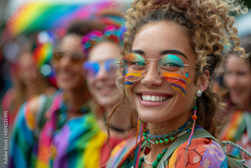 Cheerful friends from various LGBT backgrounds taking a vibrant selfie at Pride, with blurred parade colors. AI generated. © Petr
