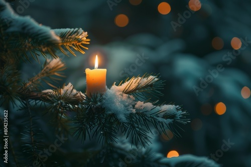 A candle flame illuminates the spruce tree branch it sits on, creating a warm and festive atmosphere © Ilia Nesolenyi