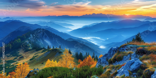  beautiful mountains layered with blue and green colors, a valley misty clouds over mountains, mountains landscape at sunset or sunrise, nature background