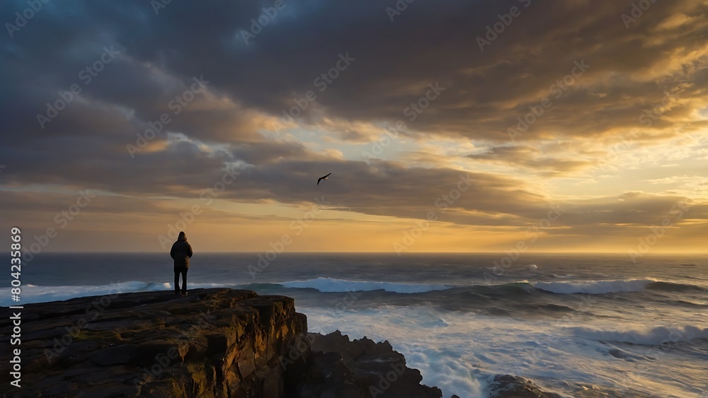 silhouette of a person on the beach Cliffside Contemplation Solitude at Sunset