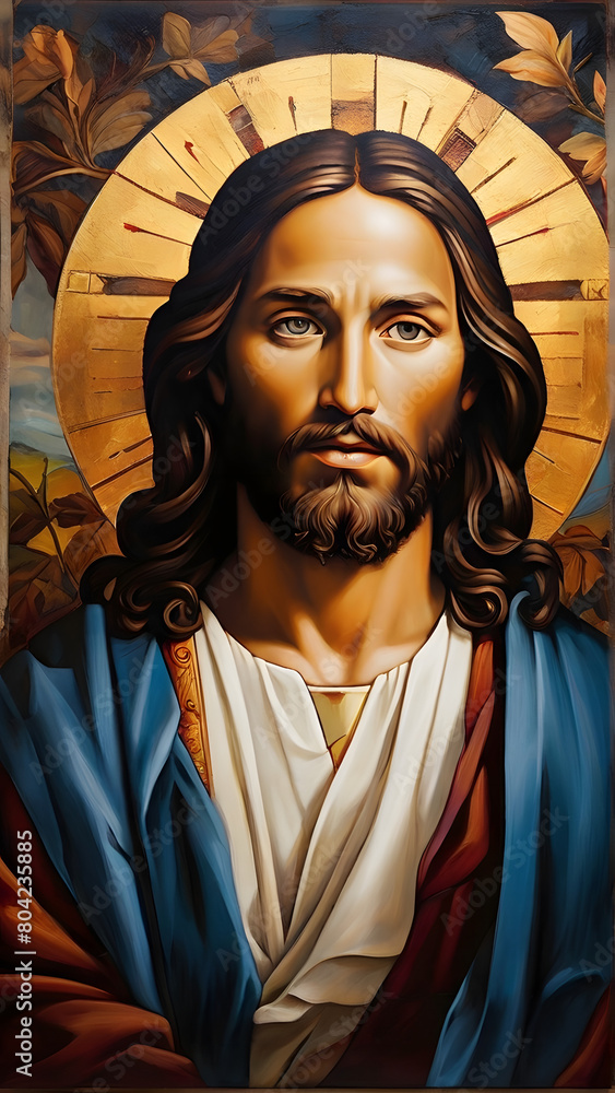 Obraz premium image depicts a figure, likely representing Jesus Christ, The figure is adorned in a white robe with blue drapery and is set against a golden halo background.