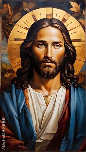  image depicts a figure, likely representing Jesus Christ, The figure is adorned in a white robe with blue drapery and is set against a golden halo background.