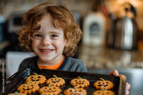 A young boy joyfully holds a tray of homemade Halloween pumpkin-shaped cookies  smiling brightly