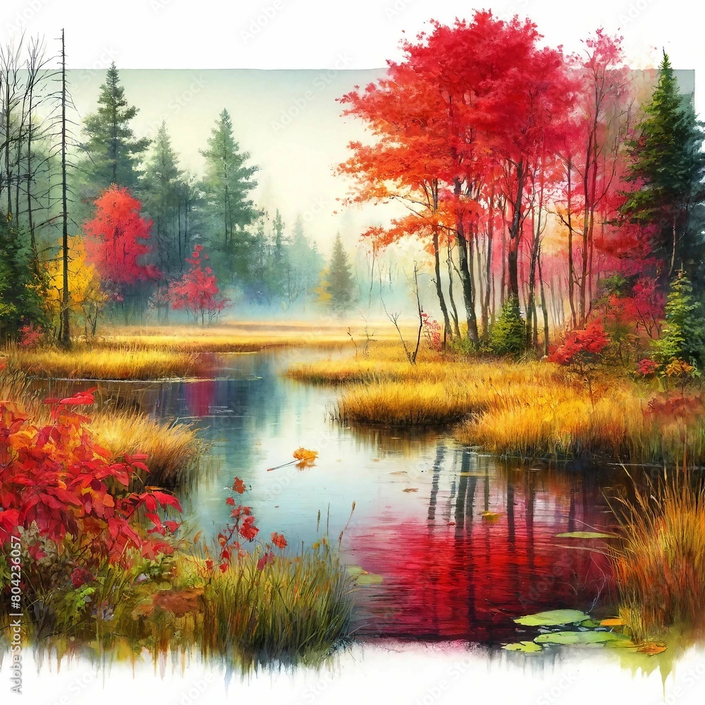 autumn in the forest lake with water color