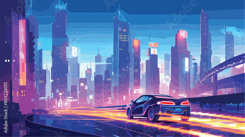 City downtown at night vector illustration. Cartoon