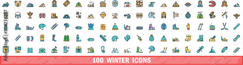 100 winter icons set. Color line set of winter vector icons thin line color flat on white