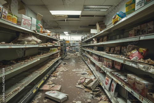 An empty supermarket aisle with scattered debris  deserted shelves  and a sense of neglect and abandonment