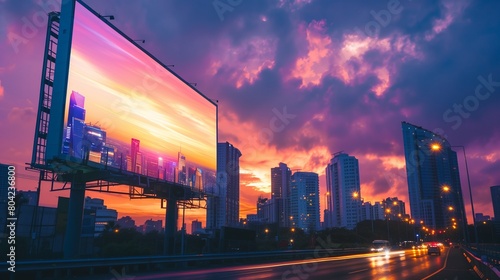 A vibrant city skyline reflected onto the sleek  blank advertising board.