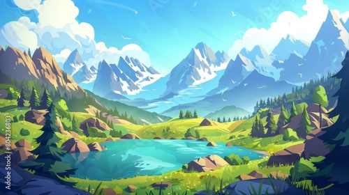 This is a cartoon summer landscape with lake in forest at the foot of mountains on a sunny day. The pond has blue water with green grass and trees along its shores, high peaks of the hills, and a