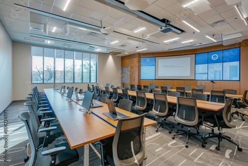 Wide-angle view of a professional conference room with a projector screen and seating arrangements © Ilia Nesolenyi