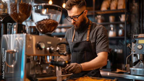 Focused barista operating coffee machine in a cozy cafe environment.