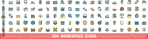100 workspace icons set. Color line set of workspace vector icons thin line color flat on white