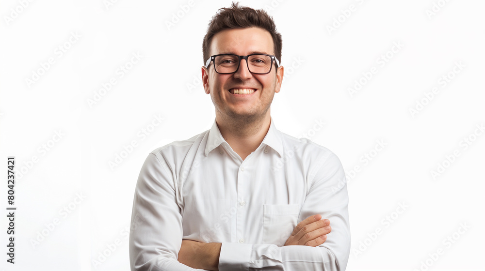 Confident Businessman in White Shirt. Portrait of a confident young businessman in glasses, wearing a crisp white shirt, smiling and standing with arms crossed. AI generative. Confident Businessman in White Shirt. Portrait of a confident young businessman in glasses, wearing a crisp white shirt, smiling and standing with arms crossed. AI generative.