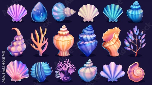 Cartoon modern illustration set of marine seashells for UI design and game assets. Horned, spiral, and scallop conch for ocean or nautical themes.