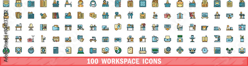 100 workspace icons set. Color line set of workspace vector icons thin line color flat on white photo