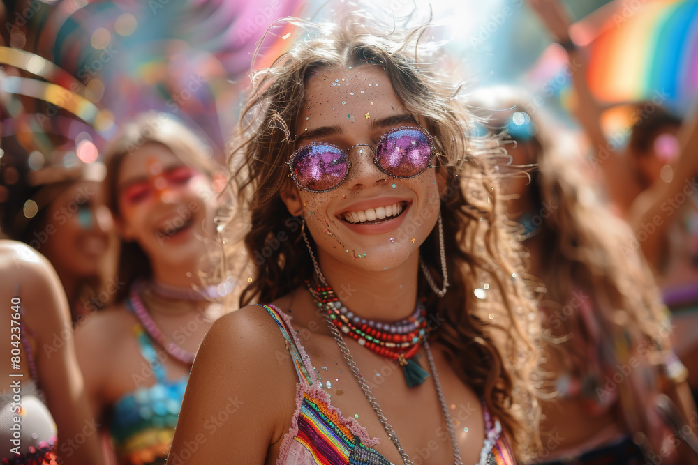 Energetic young friends wearing rainbow-striped attire and bold LGBT slogans, enjoying lively dance at the parade. AI generated. Energetic young friends wearing rainbow-striped attire and bold LGBT slogans, enjoying lively dance at the parade. AI generated.