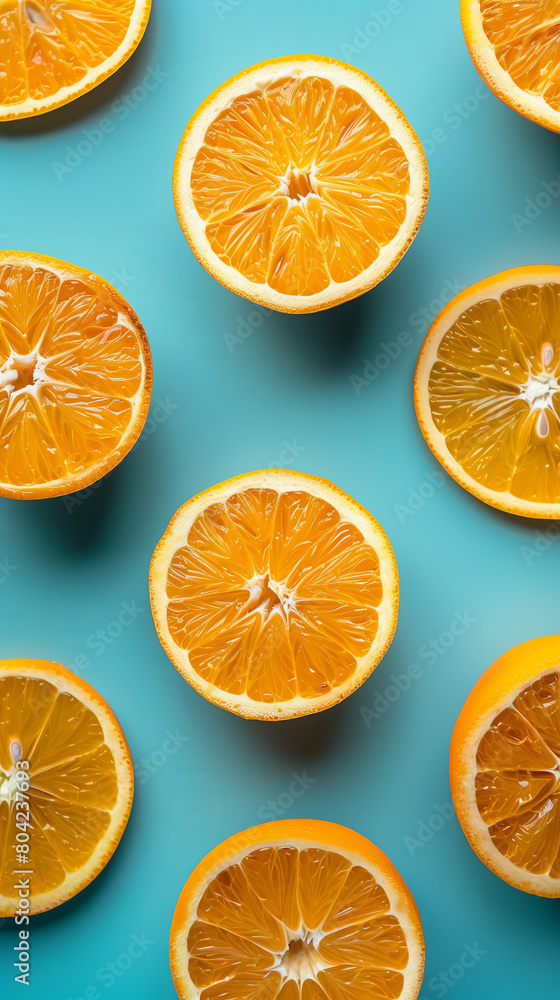 Vibrant orange slices on pastel blue background Vibrant orange slices on pastel blue background