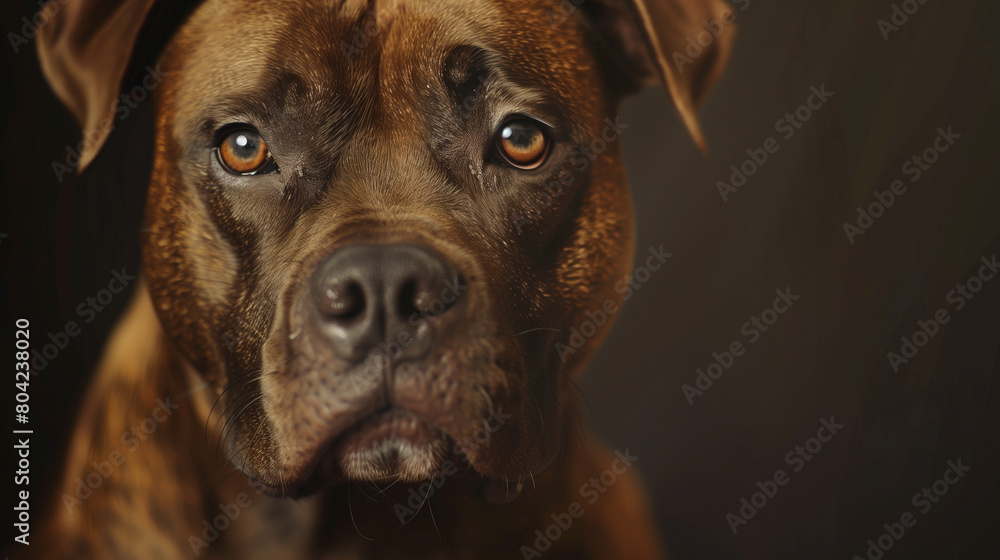 Obraz premium Intense Portrait of Brown Dog. Detailed close-up portrait of a brown dog with deep, expressive eyes and a focused look. AI generative.
