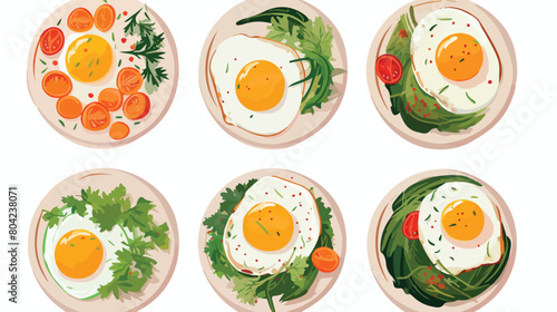 Collage of tasty fried eggs with fresh vegetables o