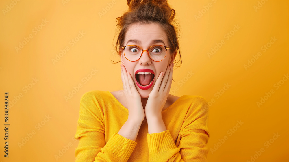 Surprised Young Woman in Yellow. Young woman wearing glasses and a yellow sweater, with a surprised expression against a matching yellow background. AI generative.