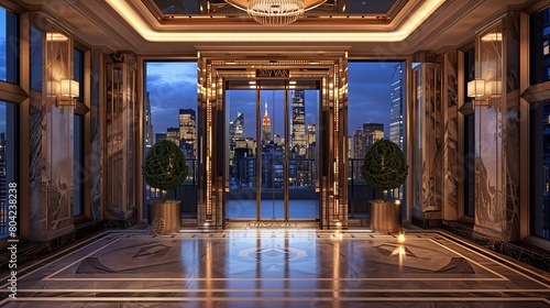 A luxury penthouse entrance with a private elevator and a skyline view