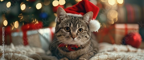 Christmas cute young smart cat pet posing