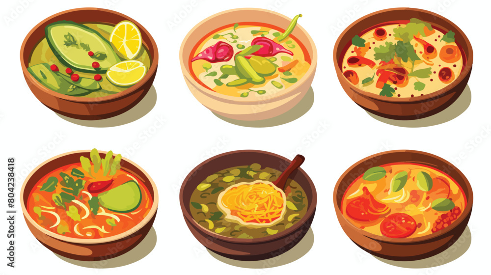Collection of spicy Thai soups on white background